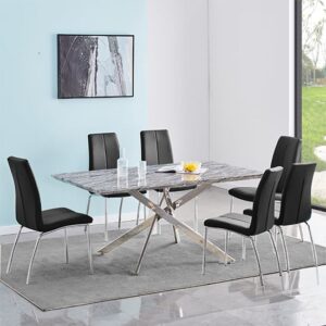 Deltino Melange Marble Effect Dining Table 6 Opal Black Chairs