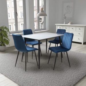 Modico 1.2m White Ceramic Dining Table 4 Leuven Blue Chairs
