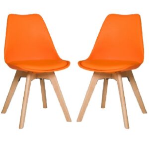 Regis Orange Leather Dining Chairs With Oak Legs In Pair