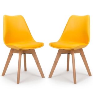 Regis Yellow Leather Dining Chairs With Oak Legs In Pair
